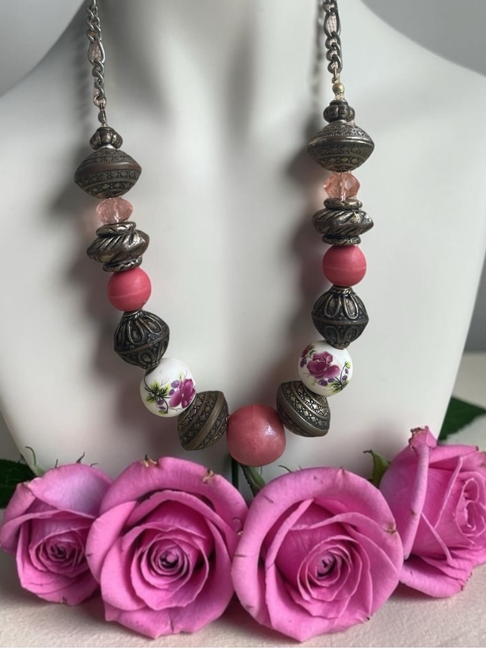 Vintage Floral Porcelain & Pink Ceramic Silver Tone Statement Necklace